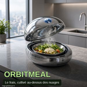 Encart fictif Orbitmeal : repas cultivé en orbite