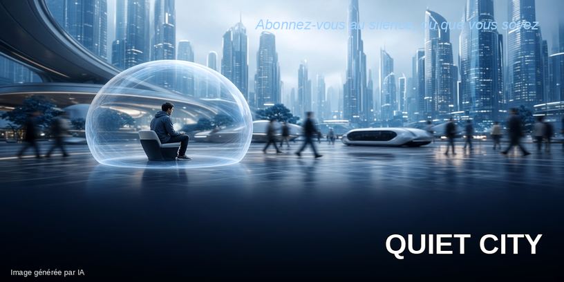 Publicité fictive Quiet City : abonnement au silence urbain
